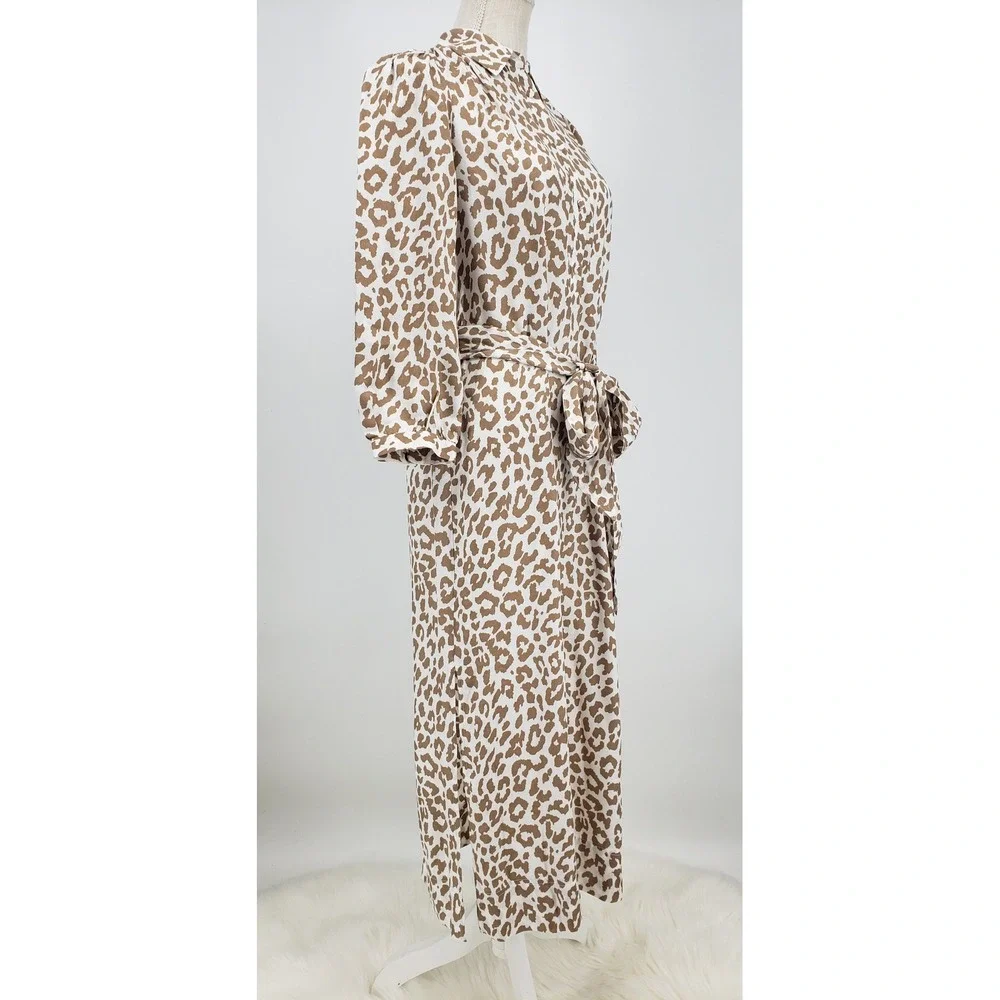 J Crew Midi Shirt Dress Bold Leopard Print Size 2 Belted Tie Waist Tan Cream